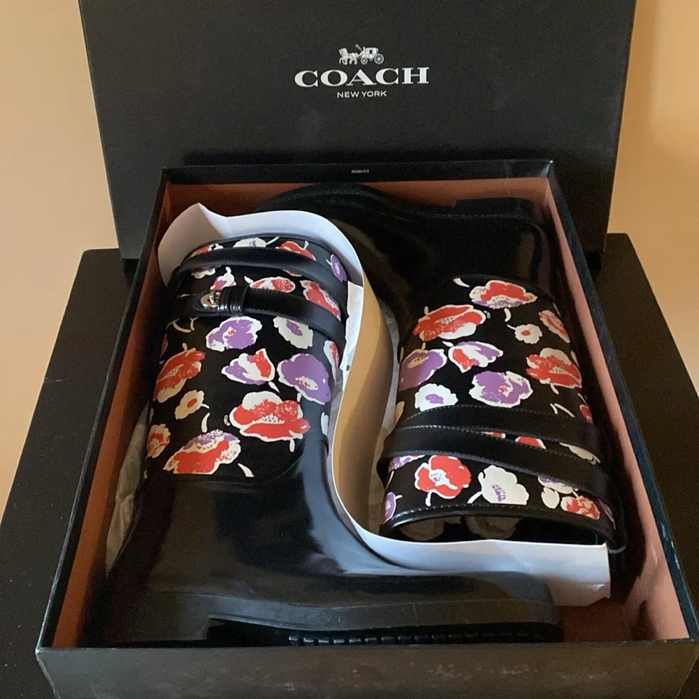 BNWT Coach Black Rain Boots with Red, Purple & White Floral Print - Picture 3 of 16